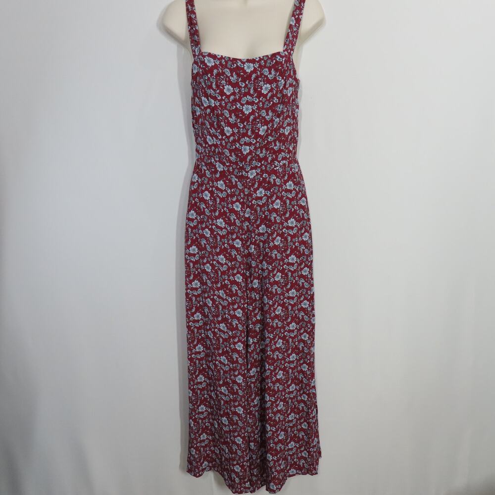 Yumi Kim Red & Light Blue Floral Jumpsuit Smocked Bodice Thick Straps Size Small